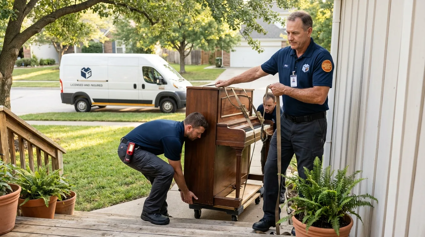Licensed piano movers securing grand piano in Pilot Mountain, NC