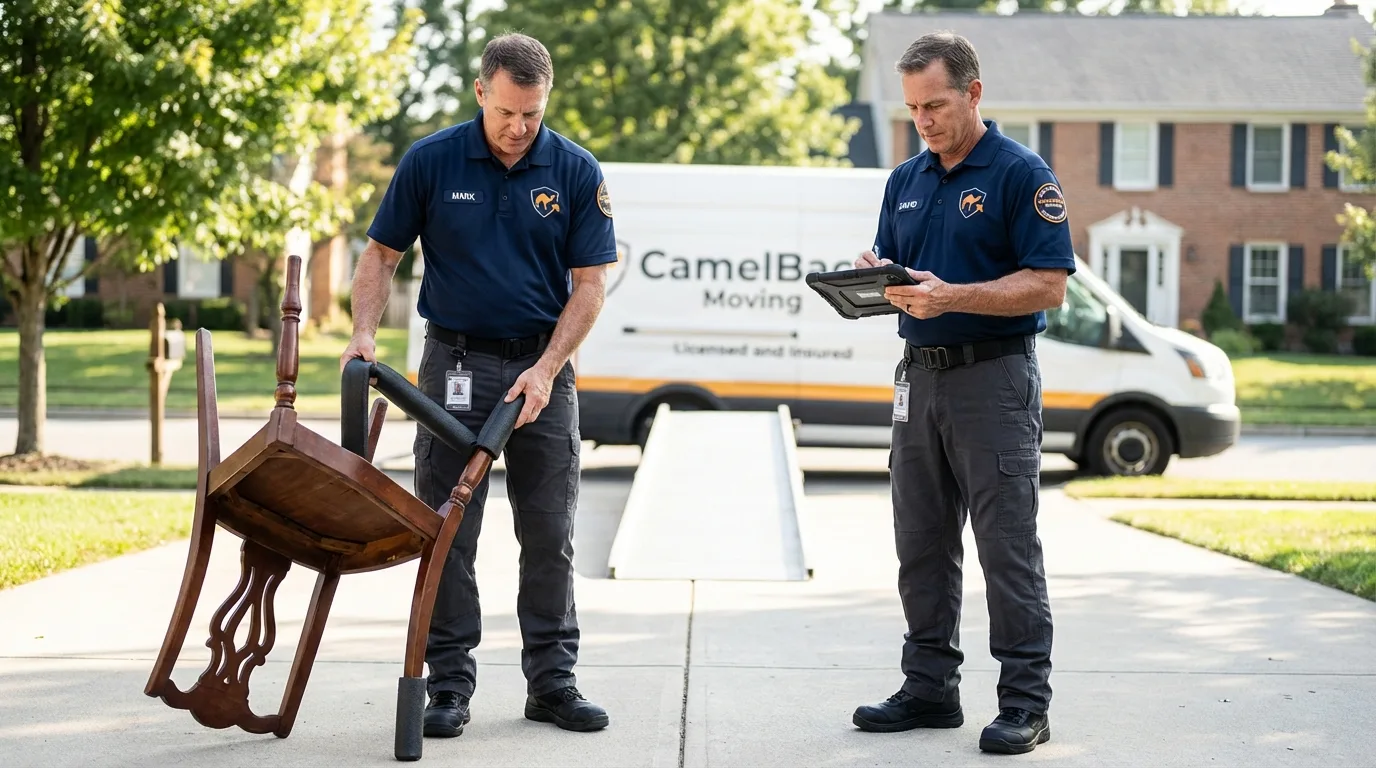Movers inspecting furniture for damage prevention before loading in Pilot Mountain, NC