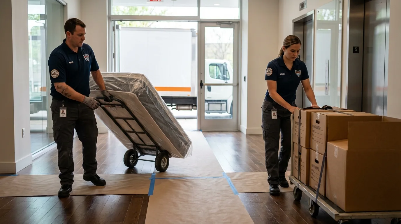 Professional apartment movers loading elevator in Pilot Mountain, NC